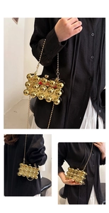 Detailed views of gold spherical beaded acrylic clutch bag showing crossbody and shoulder style