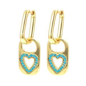 Minimalist heart lock earrings with blue stone inlay and gold finish on white background