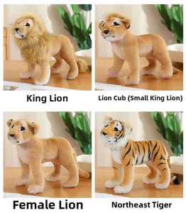 Detailed plush toy set featuring realistic lion, lioness, cub, and siberian tiger dolls