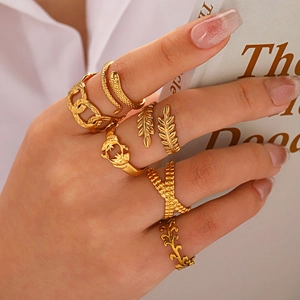 Stainless Steel Rings Gold Adjustable Open Rings For Women Snake Leaf Chain Minimalist Fashion Jewelry