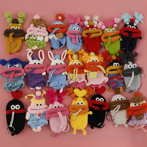 Handmade Crochet Key Case Sausage Mouth Knitted Retractable Key Holder Protector Cute Monster Cartoon Bag Charm Pendant