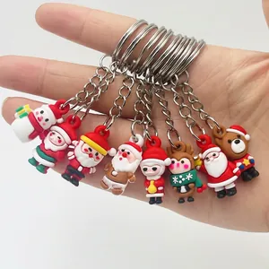Mini Christmas Santa Claus Keychain Cartoon Snowman Reindeer Bear PVC Soft Rubber Keyring Ornament Holiday Party Favor Gift