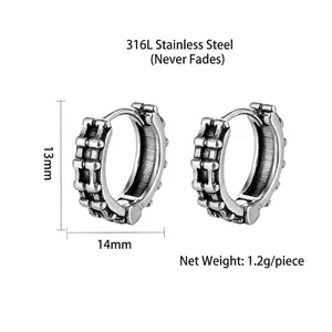 Industrial style 316L stainless steel hoop earrings with chain link texture for men and women