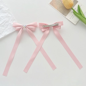 Pink ribbon bow hair clips with heart rhinestone and metal spring clip for girls