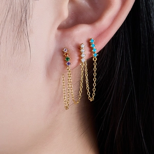 Elegant S925 silver fringe earrings set with colorful zircon and turquoise stones