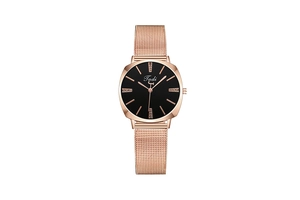 Close-up of rose gold Milanese mesh strap and black dial with diamond markers