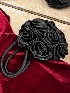 Elegant black handmade 3D silk rose evening bag for qipao and vintage formal outfits