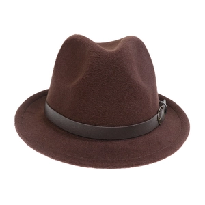 Detailed macro view of the dark brown wool fedora featuring a vintage leather belt strap
