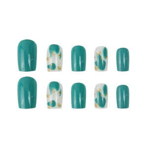 Dark green and white marbled press-on nails with gold glitter in short square round shape