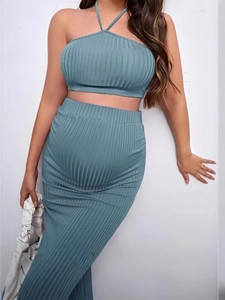 Maternity Ribbed Knit Halter Top And Midi Skirt Adjustable Waist Bodycon Sleeveless Outfit For Pregnant Women
