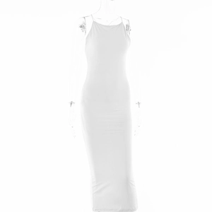 Detail view of white off-the-shoulder slit maxi dress on ghost mannequin studio shot