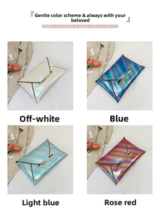 Detail of four holographic envelope clutch bags in cream, blue, and rose metallic finishes