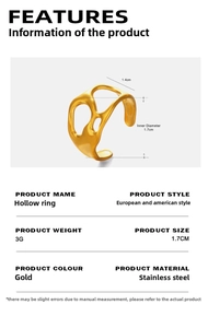 Macro detail of golden irregular cutout ring showing 1.7cm inner diameter and dimensions