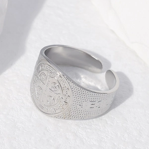 Vintage stainless steel open ring with Saint Benedict religious cross medallion