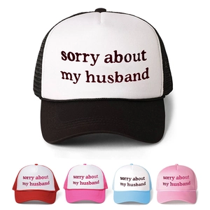 Sorry About My Husband Funny Letter Trucker Hat Polyester Mesh Breathable Adjustable Baseball Cap Curved Brim Sun Protection