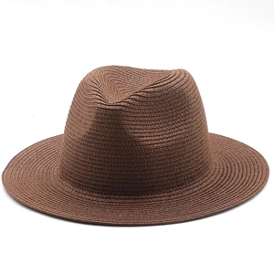 Classic dark brown straw fedora hat with wide brim for sun protection and beach vacation