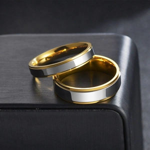 Minimalist two-tone stainless steel couple rings with gold and silver polished finish