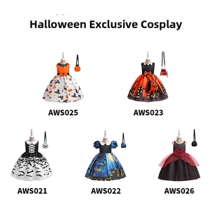 Five styles of Halloween girls' cosplay dresses featuring pumpkin and castle prints