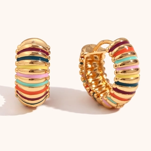Chunky stainless steel gold hoop earrings with vibrant rainbow enamel stripes