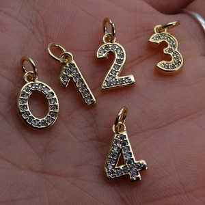 14K gold plated Arabic numeral charms with micro-pave cubic zirconia for DIY jewelry