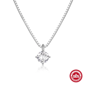 Classic S925 sterling silver four-claw solitaire pendant necklace with round zircon stone