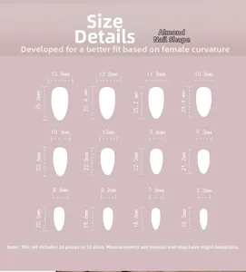Größentabelle für 12 mandelförmige Nagelspitzen von 13,9 mm bis 7,3 mm Breite