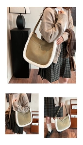 Detail view of khaki suede bucket bag with white faux fur trim and adjustable strap