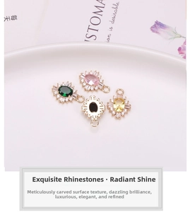 Macro detail of colorful oval rhinestone charms in gold plating for DIY jewelry making