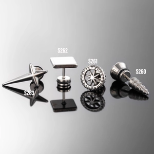 Classic stainless steel stud earrings in four geometric shapes with reflective finish