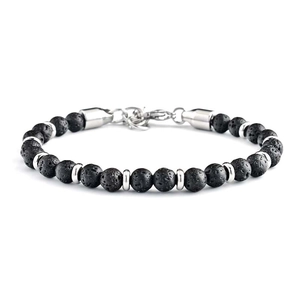 Macro shot of black lava stone beads and silver metal lobster clasp for unisex bracelet