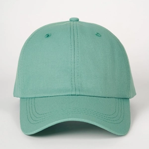 Detailed close-up of mint green cotton twill baseball cap with six-panel design and fine stitching
