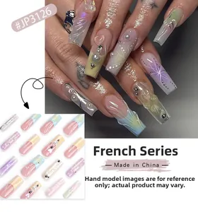 Detail view of French 3D press-on nails with lavender gradients and pearl heart accents