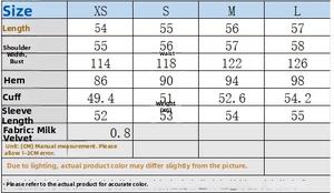 Size chart for faux suede bomber jacket showing detailed measurements for XS to L sizes
