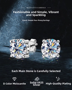Macro detail of D color moissanite earring featuring S925 sterling silver four-claw setting