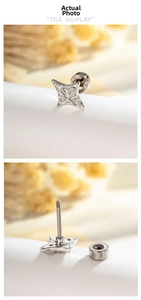 Detail view of silver star stud earring with crystals and secure screw back closure