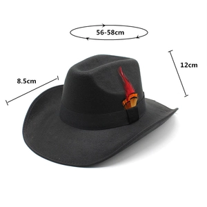 Detailed dimensions of black wide brim felt fedora with stylish feather accent