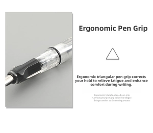 Detail view of ergonomic triangular grip on transparent gothic calligraphy pen