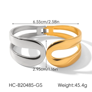 Detailed dimensions of gold and silver two-tone open bangle with 6.55cm diameter