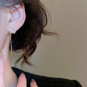 Detailed view of a gold-plated horse-shaped earring with crystals and a long dangling chain