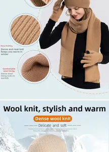 Close-up of the thick plush lining and dense knit texture on camel winter beanie set