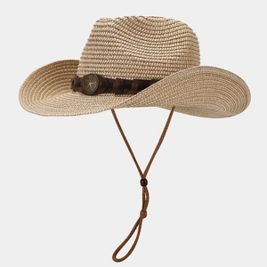 Retro straw cowboy hat with a star badge and windproof rope for sun protection