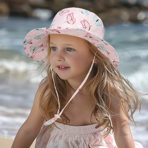 Pink sun hat with butterfly patterns and adjustable strap for kids on beach