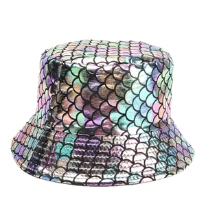 Iridescent fish scale pattern bucket hat with metallic purple and blue laser finish