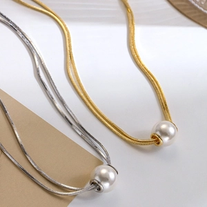Double Layer Titanium Steel Necklace Large Artificial Pearl Pendant Snake Chain Elegant Ins Style Jewelry Women