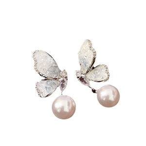 Silver butterfly earrings with blue crystal zircon and elegant hanging pearl drops