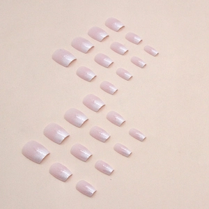 Pink gradient press-on nails with fine glitter shimmer in a short squoval shape, 24pcs set