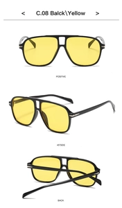 Three-view layout showing black frame aviator sunglasses with yellow lenses from multiple angles