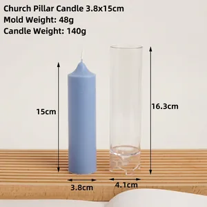 Detailed view of 15cm blue pillar candle with clear acrylic cylinder DIY mold and specs