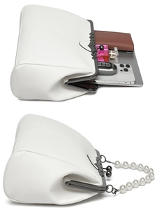 Detail showing white evening bag capacity with phone and pearl chain strap