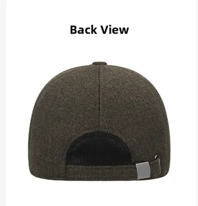 Rear view of men's winter wool baseball cap with adjustable metal buckle and dark brown tweed